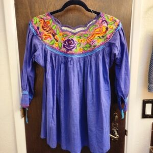 Scalloped Huipil Embroidered Royal Purple Tunic Blouse M